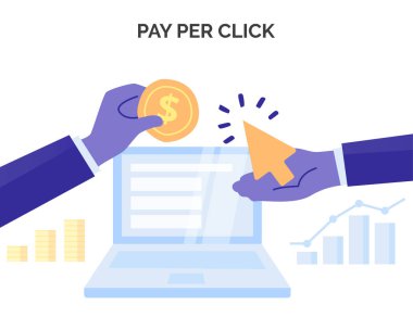 Reklamveren bir yayıncı öder - Ppc. Tasarım için düz tarzda Yaratıcı iş illüstrasyon. Tıklama Başına Öde vektör konsepti.
