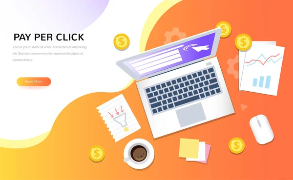 İnternet reklam sembolleri üst görünümü. Tıklama Başına Öde vektör konsepti. Uoyr tasarımı için düz tarzda yaratıcı iş illüstrasyon.