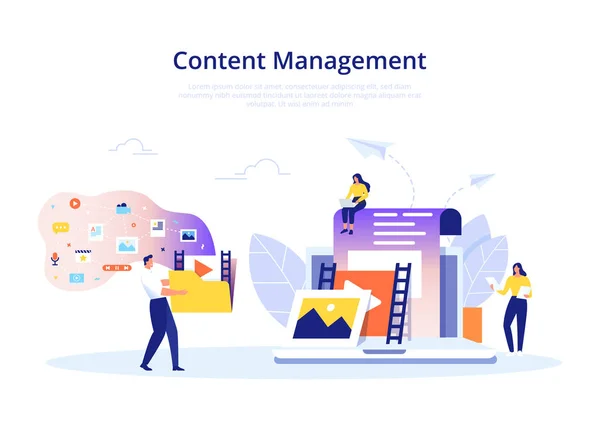 Content Management Konzept in flachem Design. Erstellung, Vermarktung und Weitergabe digitaler Vektorillustrationen. — Stockvektor