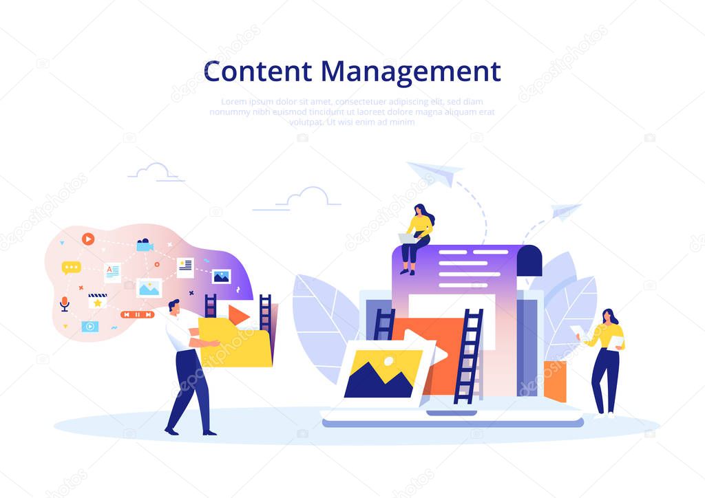 Content Management concept in flat design. Creating, marketing and sharing of digital - vector illustration.