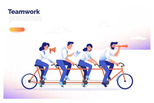 Un equipo de cuatro personas de negocios en bicicleta. Los socios trabajan juntos para lograr objetivos comunes. Concepto de vector de trabajo en equipo . — Vector de stock