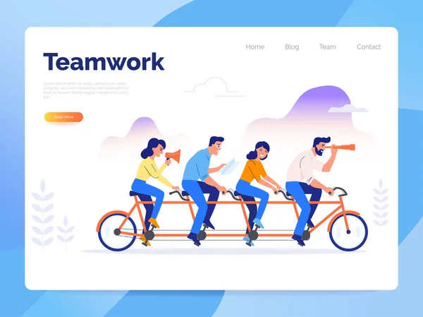 Une équipe de quatre hommes d'affaires en vélo. Les partenaires travaillent ensemble pour atteindre des objectifs communs. Concept vectoriel de travail d'équipe . Illustrations De Stock Libres De Droits
