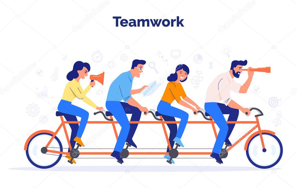 A team of four business people riding a bike. Partners work together to achieve common goals. Teamwork vector concept.