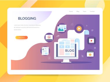 İçerik Pazarlama, Bloglama ve Düz tasarım Smm kavramı. Blog sayfası içerikle doldurulur. makale ve medya materyalleri yükleme işlemi.