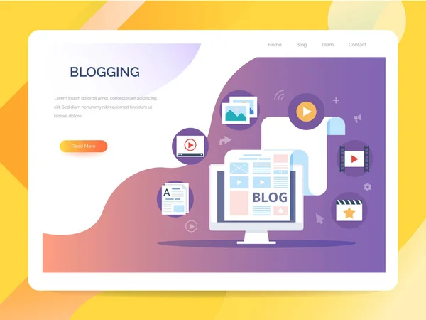 İçerik Pazarlama, Bloglama ve Düz tasarım Smm kavramı. Blog sayfası içerikle doldurulur. makale ve medya materyalleri yükleme işlemi.