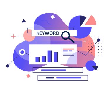 Arama motorları konseptindeki site konumlarının izlenmesi, analizi ve doğrulanması. Anahtar Kelime Araştırma programı-düz afiş. Seo Pazarlama araçları vektör illüstrasyon.