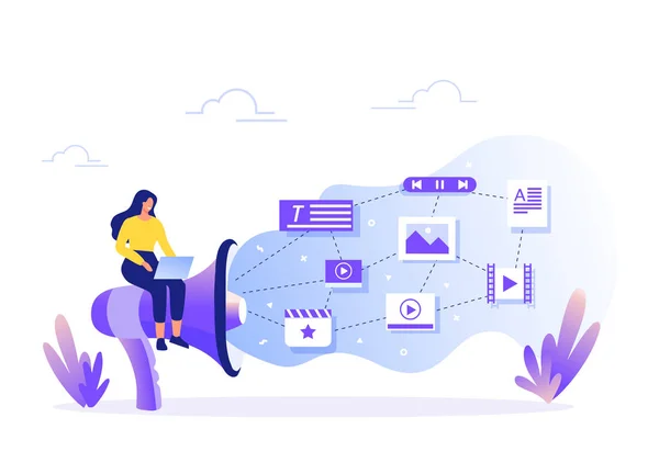 SMM, Gerenciamento de Conteúdo e conceito de Blogging em design plano. Criação, comercialização e partilha de ilustrações vectoriais digitais . —  Vetores de Stock