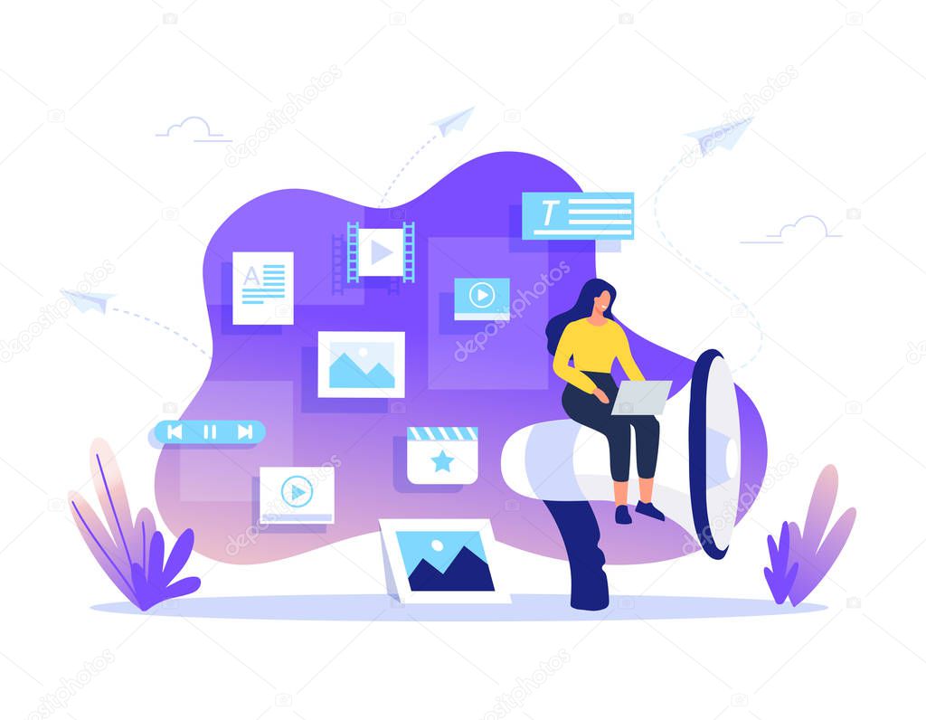 SMM, Content Management and Blogging concept in flat design. Creating, marketing and sharing of digital - vector illustration.