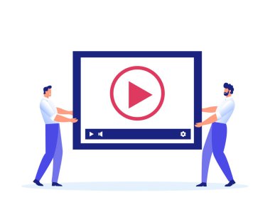 İçerik yönetimi, bloglama kavramı ve bir üst rating video teşvik. İki adam bir video taşımak - vektör illüstrasyon.