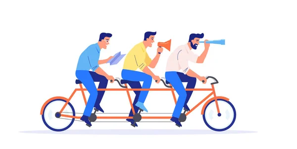 Un equipo de cuatro personas de negocios en bicicleta. Los socios trabajan juntos para lograr objetivos comunes. Concepto de vector de trabajo en equipo . — Vector de stock