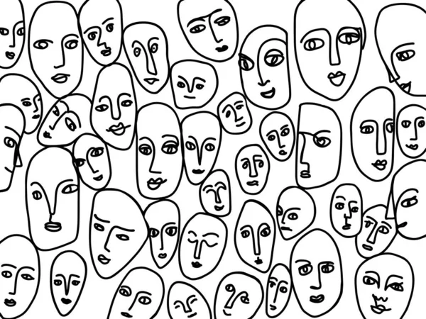 Handritade abstrakta ansikten. Svarta linjer bildar ett mönster av mänskliga känslor. Kreativ vektor koncept om psykologi, mångfald av mänskliga känslor. — Stock vektor