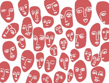 Elle çizilmiş soyut yüzler. Siyah çizgiler insani duyguların bir örneğini oluşturur. Psikoloji hakkında yaratıcı vektör konsepti, insan duygularının çeşitliliği.