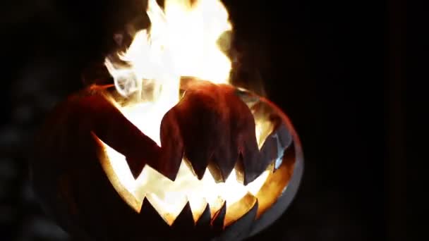 Calabaza sonriente ardiente en Halloween. Con bucle — Vídeo de stock