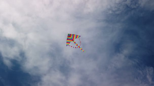 Tęczowy latawiec lecący na błękitnym niebie — Wideo stockowe