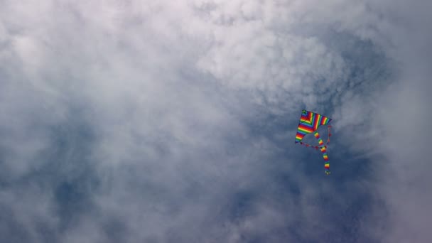 Веселковий повітряний змій летить у блакитному небі — стокове відео