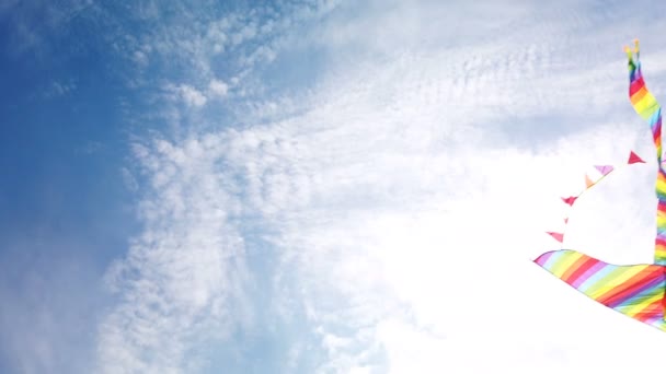 Regenbogendrachen fliegt in blauem Himmel — Stockvideo