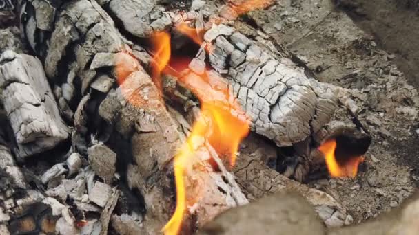 Close View bij gloeiende houtskool en vlam in barbecue grill — Stockvideo