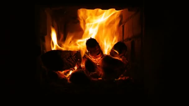 Brand branden in de open haard. Open haard vol brandhout en vuur — Stockvideo