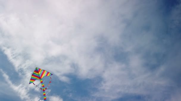 Tęczowy latawiec lecący na błękitnym niebie — Wideo stockowe