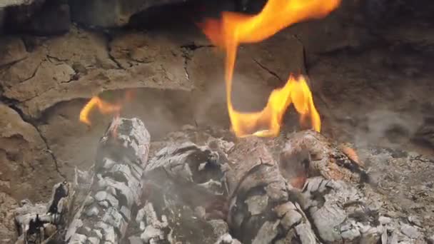 Vista da vicino a carbone incandescente e fiamma nella griglia del barbecue — Video Stock