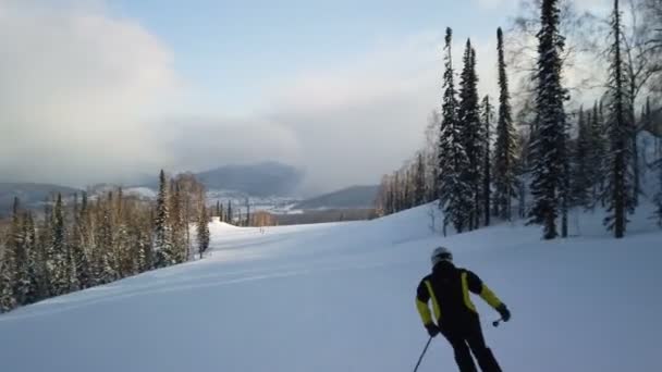 Joven esquiador recreativo adulto disfruta de un clima idílico perfecto en invierno frío. Esquí solo en pista de esquí perfectamente arreglada en la estación de esquí — Vídeo de stock