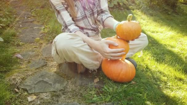 Young happy woman admires the harvest of pumpkins in the rays of sunlight — Stock Video