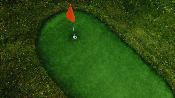 Pelota de golf rueda más allá de la taza en verde — Vídeos de Stock