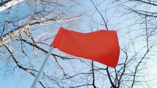 Bandeira vermelha acenando ao vento. Bandeira vermelha em um contexto de céu e árvores — Vídeo de Stock