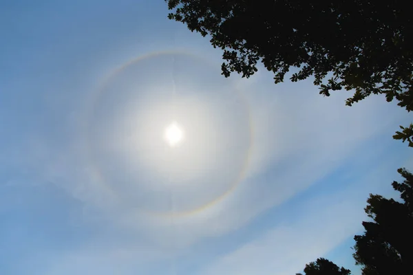 Sıcak yaz gününde güneşin etrafında atmosferik optik etki çemberi. Güneş etrafındaki atmosferik halo fenomeni