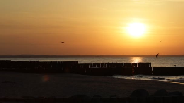 Oranje Zonsondergang Aan Zee Oktober Warme Avond Kalm — Stockvideo