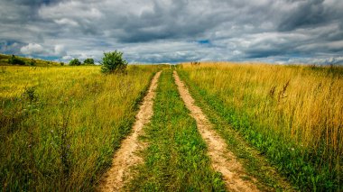 Yaz kırsal. boş kırsal toprak yol dramatik bir bulutlu gökyüzü altında çimenli alan aracılığıyla