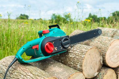 El testere odun yeşil çayır ve mavi gökyüzü arka planı üzerinde güç