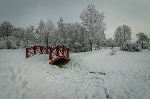 雪に覆われた美しい都市公園 歩道や曇りの日に雪の下の小さな絵のような木製の橋 — ストック写真