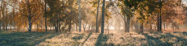 Panoramautsikt Över Höst Morgon Landskap Solens Strålar Gör Sin Väg — Stockfoto