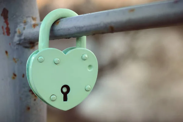 Groene hangslot hart van liefhebbers op het hek van de brug in het park — Stockfoto