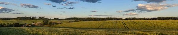 Hermoso paisaje rural de verano por la noche. vista panorámica panorámica de un amplio campo agrícola montañoso en la cálida luz del atardecer con un pequeño pueblo Imagen de stock