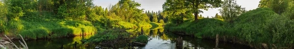 Mooie zomer panoramisch uitzicht op de rivier met dichte groene grazige heuvelachtige kusten en weelderige kustvegetatie met prachtig gereflecteerd in het water verlicht door de avondzon aan een kust — Stockfoto