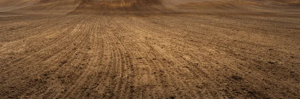 Wide Panoramic View Arable Land Long Rows Furrows Autumn Spring — Stock Photo, Image