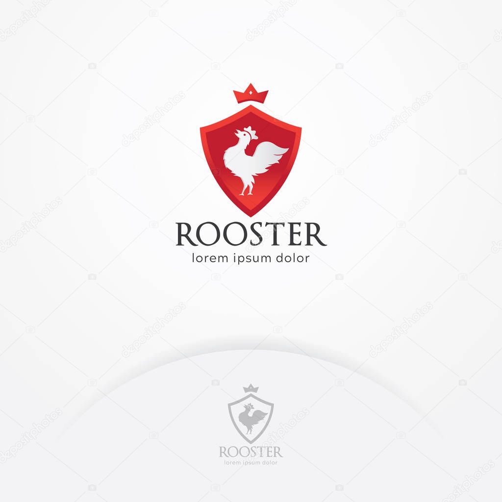 Shield rooster logo, Vintage badge rooster with a crown. Animal, Restaurant, Food logo template
