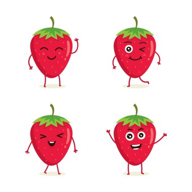 Sevimli vektör farklı eylem duygu çilek meyve karakter kümesi. Çilek karakterler farklı ifadeler, beyaz arka plan üzerinde izole komik meyve karakter topluluğu