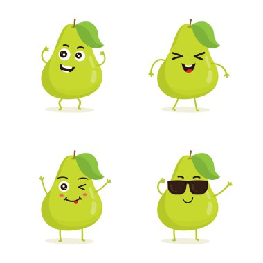 Farklı aksiyon duygularında armut meyve karakterinin şirin vektör seti. Farklı ifadelerde armut karakterleri koleksiyonu, beyaz arkaplanda izole edilmiş komik meyve karakteri