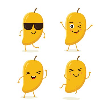 Mango meyve karakterin farklı eylem duygu sevimli vektör ayarlayın. Mango karakterler farklı ifadeler, beyaz arka plan üzerinde izole komik meyve karakter topluluğu