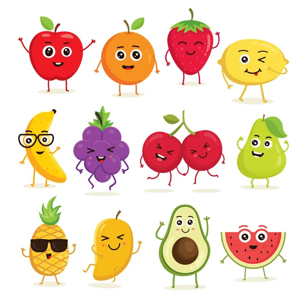 Collezione Vettoriale Frutti Carini Personaggi Frutta Divertenti Isolati Sfondo Bianco — Vettoriale Stock