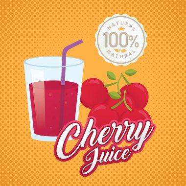 Vişne suyu vektör. Vintage kiraz etiket tasarımı. Retro kiraz afiş tasarımı. Vintage taze vişne suyu vektör çizim