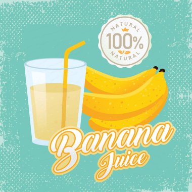Muz suyu vektör. Vintage muz etiket tasarımı. Retro muz afiş tasarımı. Vintage taze muz suyu vektör çizim