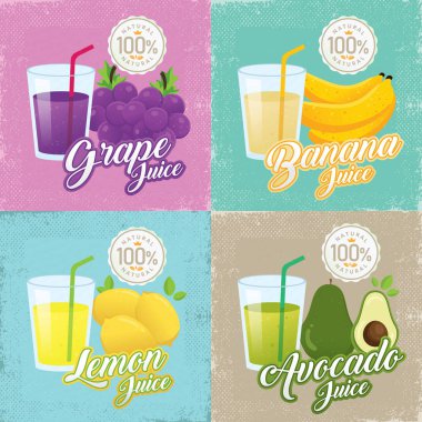 Vintage reklam meyve ve cam ile. Meyve suyu illüstrasyon. Retro poster, vektör etiket çizim