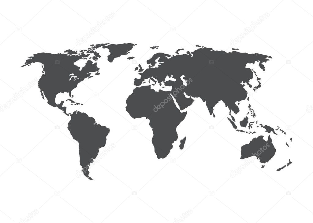 World map vector. Gray blank vector world map, Isolated on white background. Travel worldwide, Map silhouette backdrop