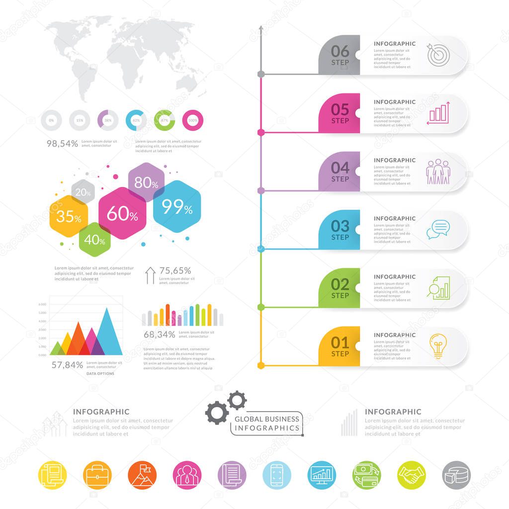 Business infographic elements. Modern infochart, marketing chart and graphs, bar diagram. Business timeline elements template, Vector illustration