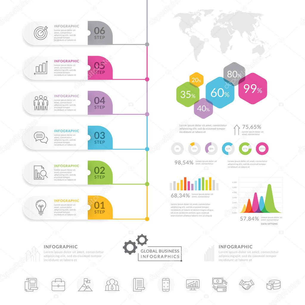 Business infographic elements. Modern infochart, marketing chart and graphs, bar diagram. Business timeline elements template, Vector illustration