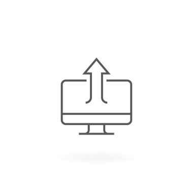 Bilgisayar monitörü üzerindeki oku. Upload-e doğru monitör ekran bulutla sembolü. İnce çizgi upload simgesini